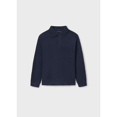 Long sleeve contrast pique polo shirt - NAVY BLUE 18Y