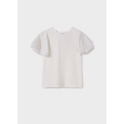 Short-sleeved blouse with tulle sleeves - CREAM 10Y